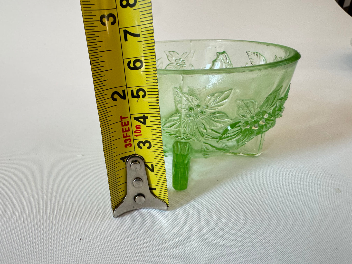 Sowerby 1930’s Green Pressed Glass Trinket Dish | Small Glass Bowl with Butterfly & Floral Design | Vintage Retro |