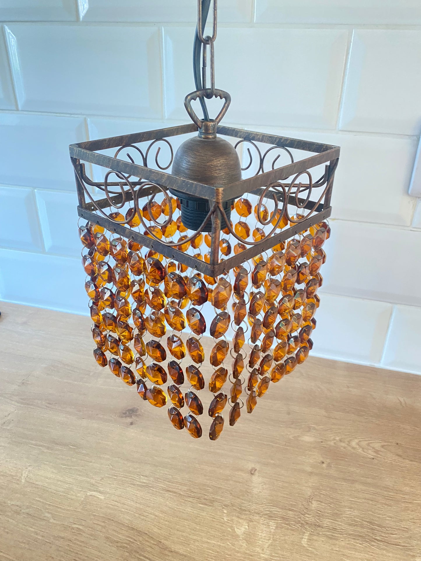 Vintage French Beaded Ceiling Light Lampshade Amber/Brown Glass Bead