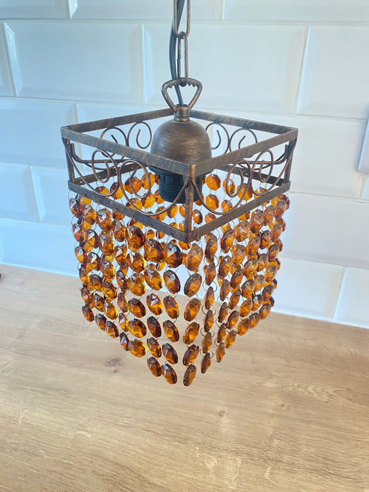 Vintage French Beaded Ceiling Light Lampshade Amber/Brown Glass Bead