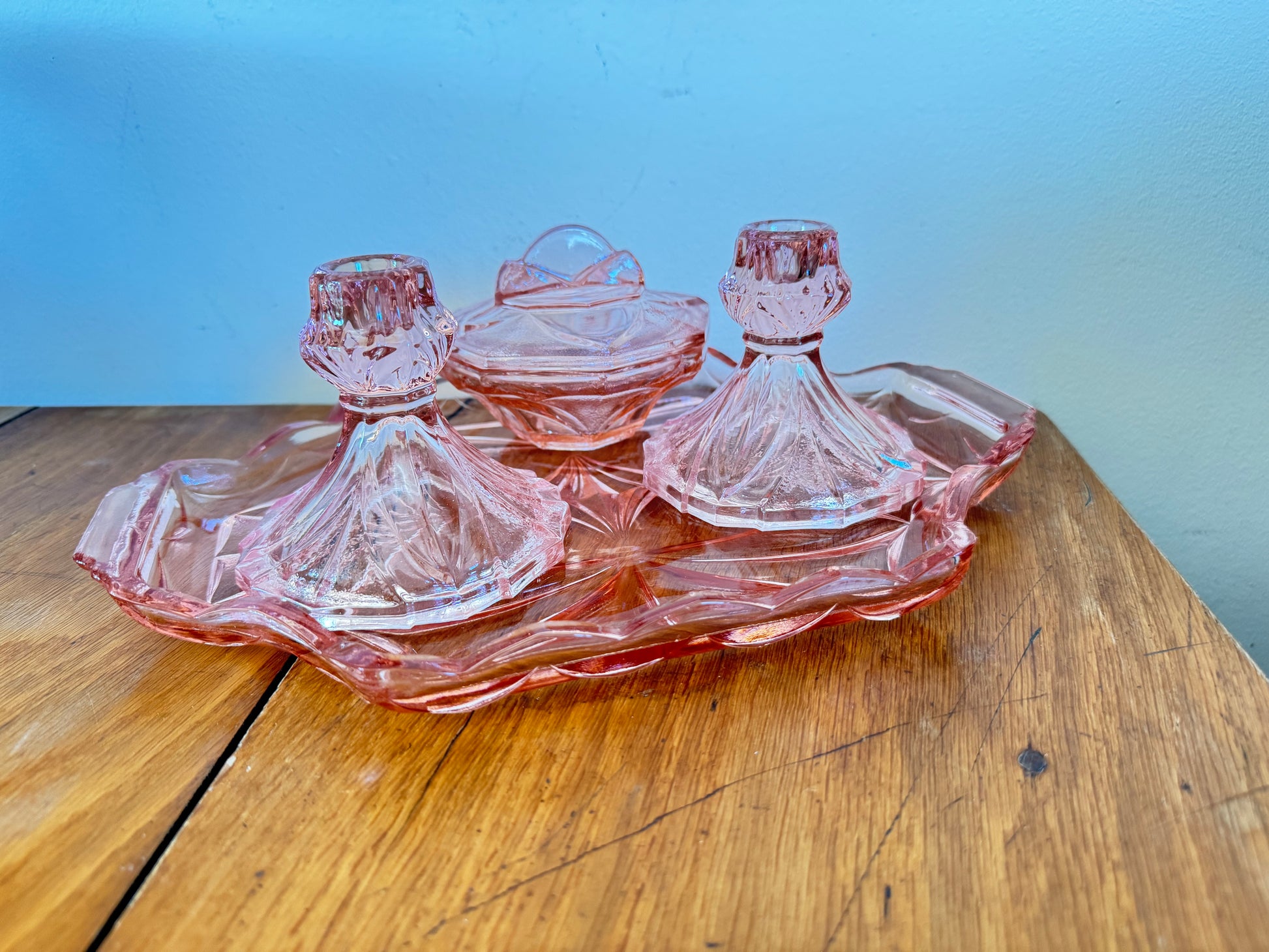 vintage pink glass dressing table set Art Deco Pink Peach Vintage Pressed Glass Complete Dressing Table Vanity Set Brush Tray, Candlesticks, Powder Pot & Ring Dish 1950s - Mint