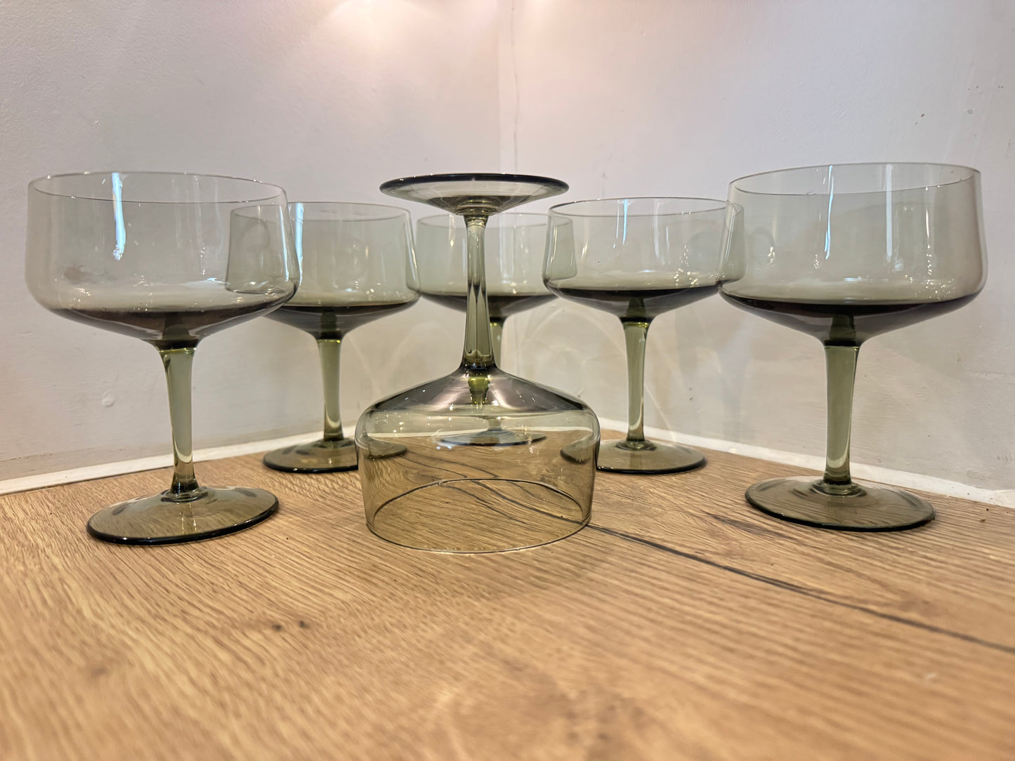 Set of 6 Smoked Cocktail Coupe Glasses | Vintage Retro Barware |
