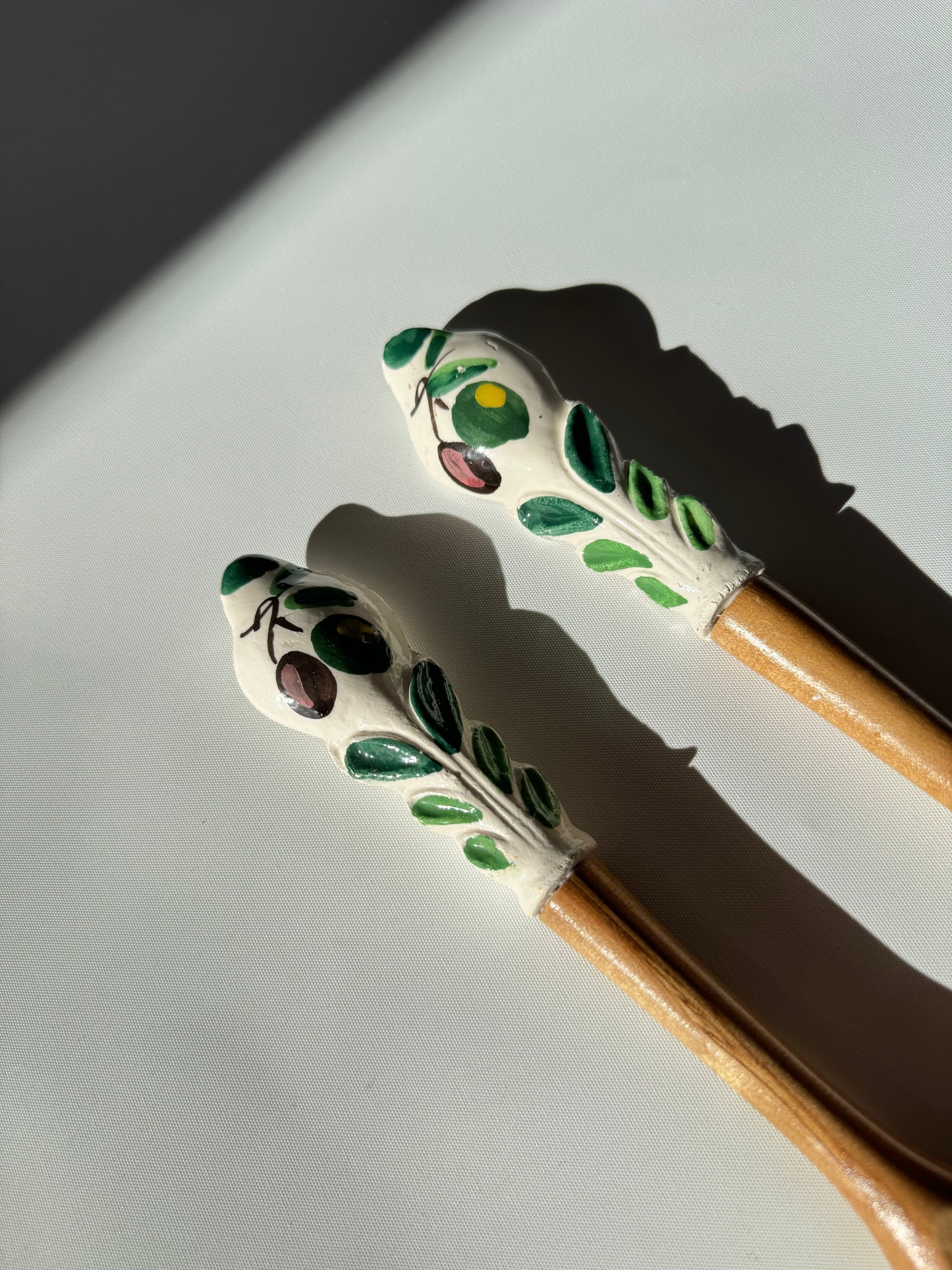 Wooden Salad Spoon & Fork with Ceramic Handles | Vintage Retro Kitchenalia | Serveware |