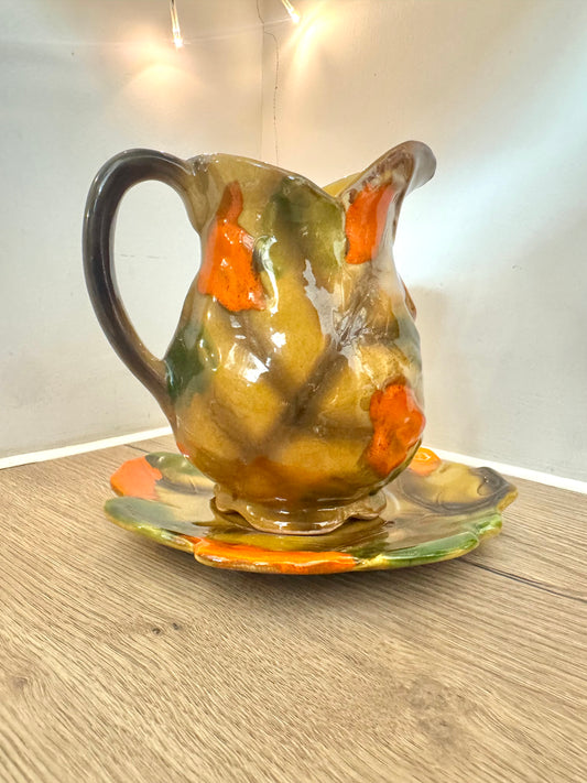 Autumn Leaves Ceramic Pitcher Jug with Saucer | Vintage Retro | Farmhouse Cottagecore |