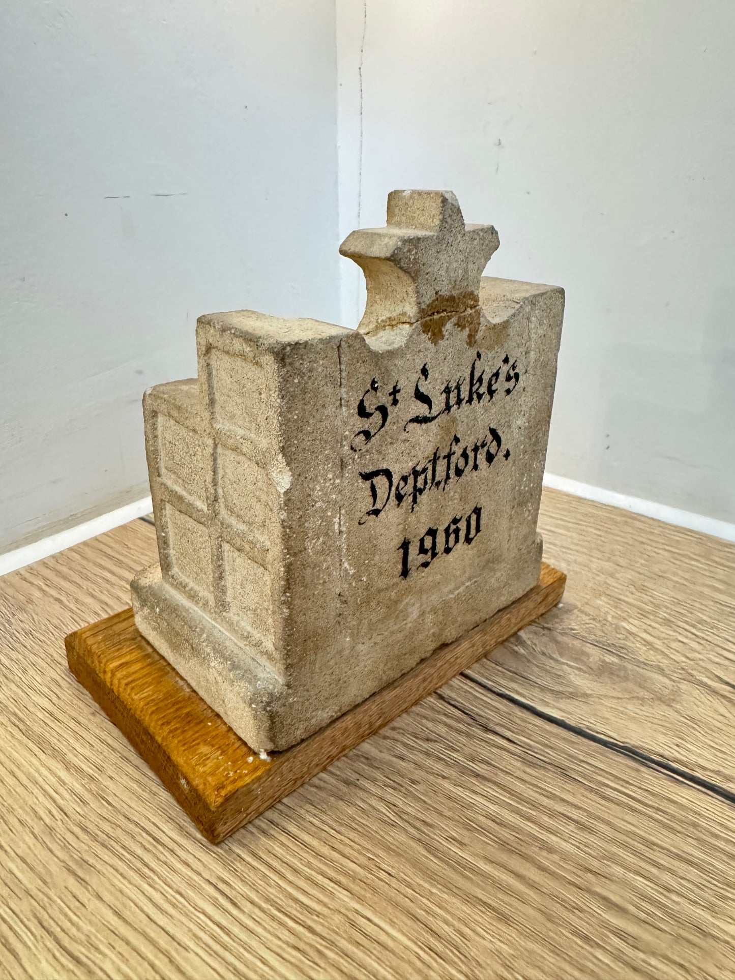 St Luke’s Deptford Stone Chair Ornament on Wooden Base | 1960 | Catholic Holy Decor | Gothic |