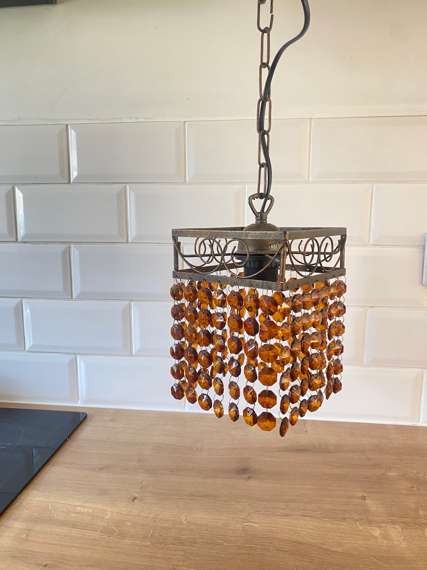 Vintage French Beaded Ceiling Light Lampshade Amber/Brown Glass Bead