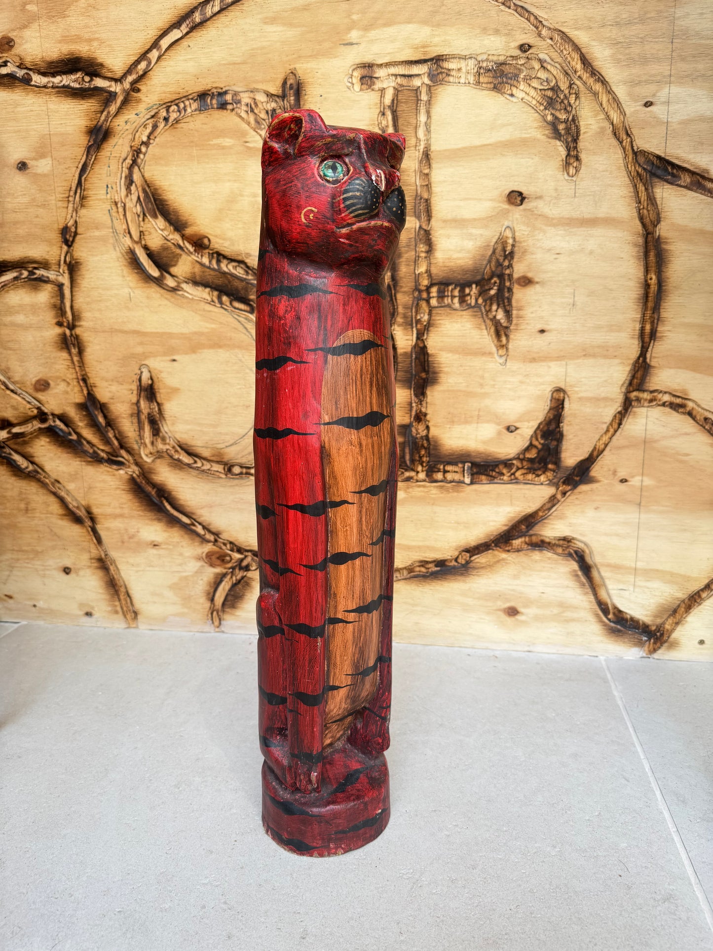 Large Wooden Hand Carved Cat | Folk Art |Vintage Retro | Decor | Quirky Unique |
