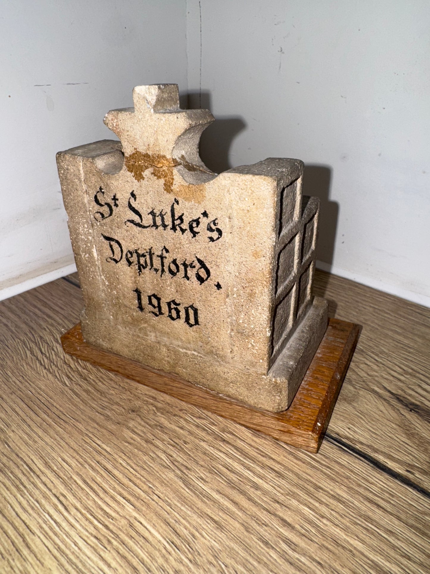 St Luke’s Deptford Stone Chair Ornament on Wooden Base | 1960 | Catholic Holy Decor | Gothic |