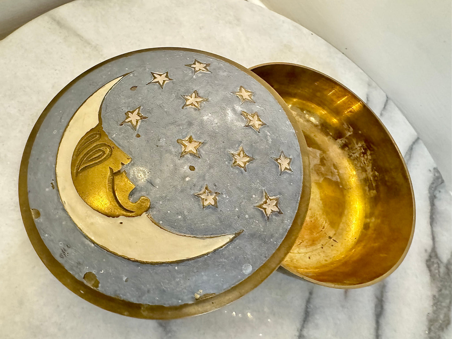 Brass and Enamel Moon and Stars Trinket Dish | Celestial Lidded Trinket Pot | Vintage |