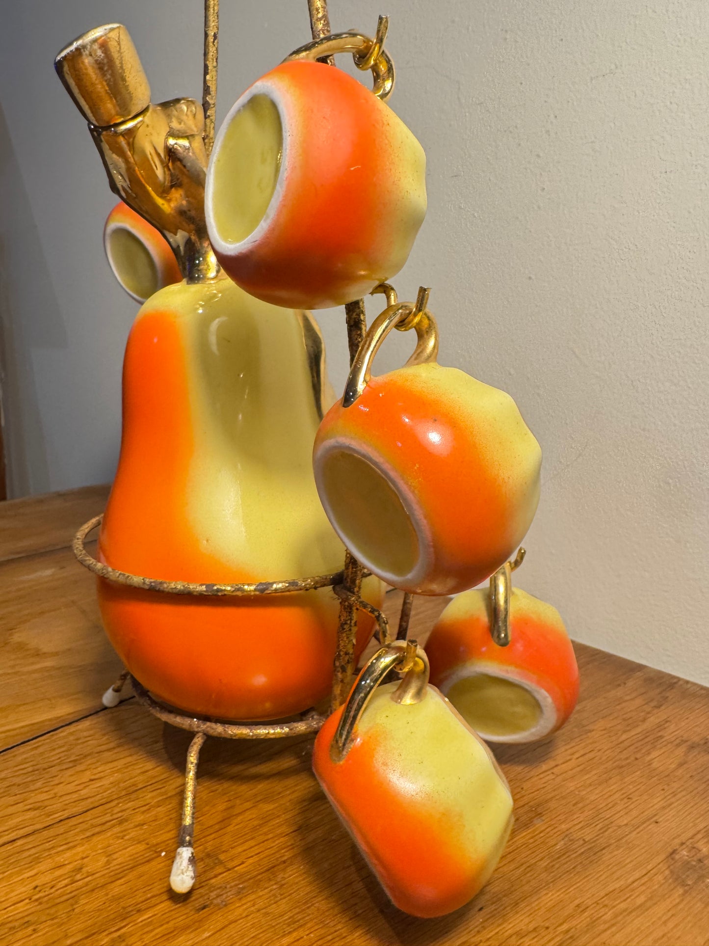 French Pear Liqueur Decanter Set with Stand & Cup Holder | Vintage Retro Quirky Barware |