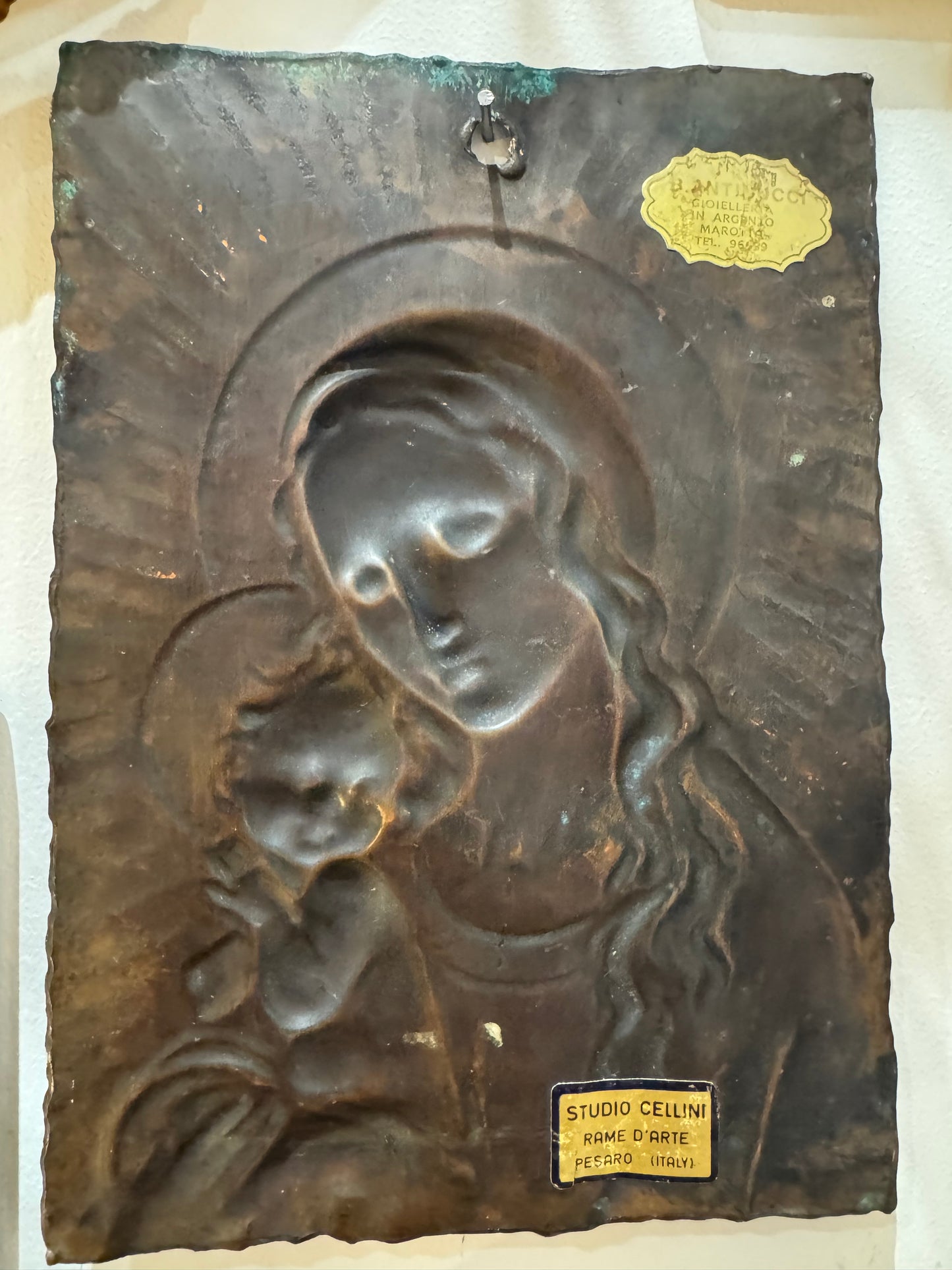 Copper Icon Wall Hanging of Virgin Mary and Baby Jesus | Madonna & Child Plaque | Studio Cellini Italy |