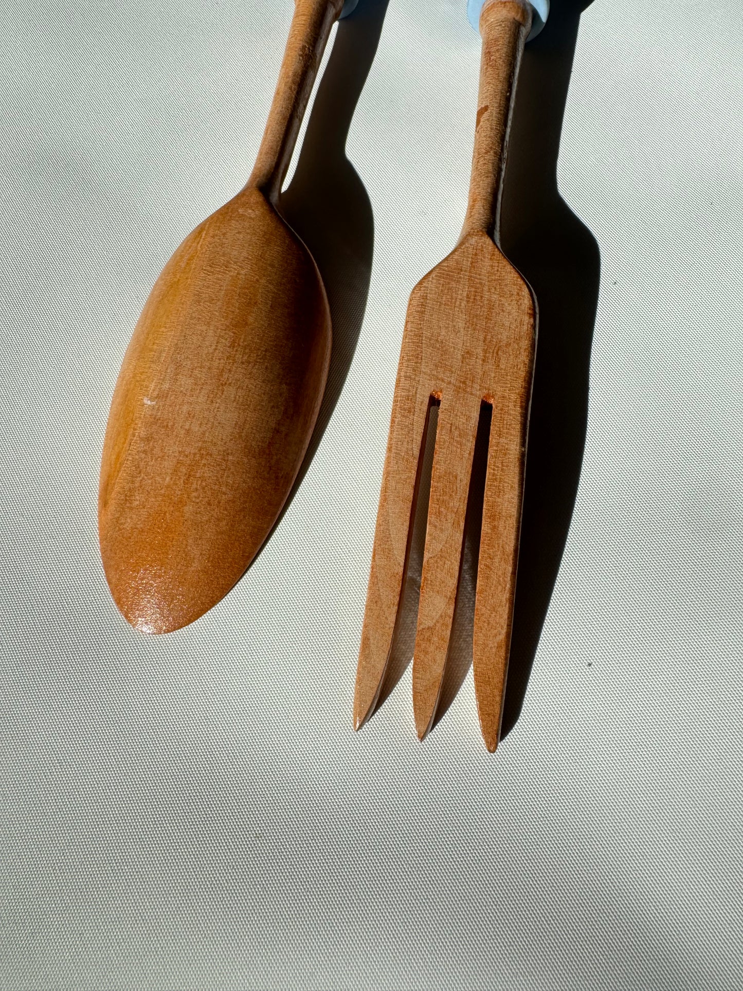 Wooden Salad Spoon & Fork with Ceramic Handles | Vintage Retro Kitchenalia | Serveware |