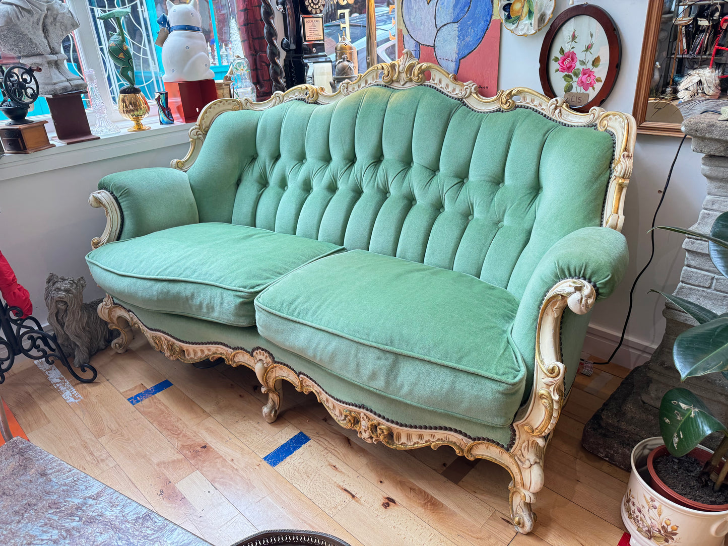 Stunning Louis Style Antique 3 Seater Sofa with Hand-carved Wooden Frame and Striking Green Button Back Upholstery (COLLECTION ONLY)