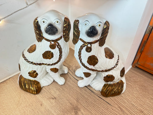 Pair of Antique Staffordshire Spaniel Dogs Hand Painted in Copper Lustre | Decorative Ornament | 19th Century | Vintage/Retro Decor |