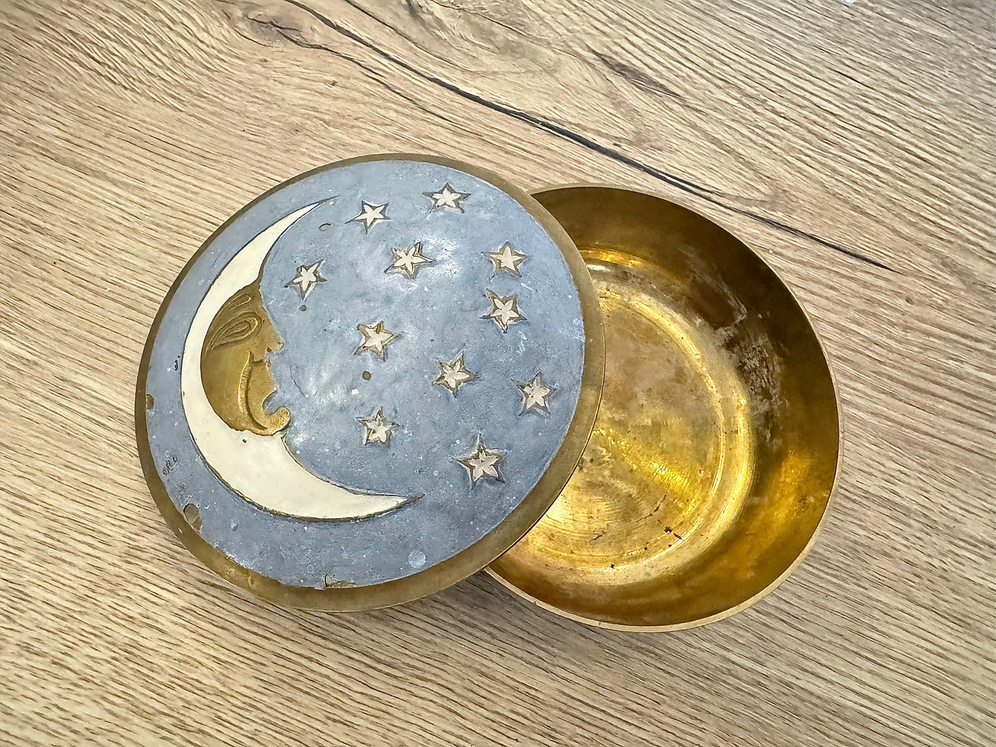 Brass and Enamel Moon and Stars Trinket Dish | Celestial Lidded Trinket Pot | Vintage |