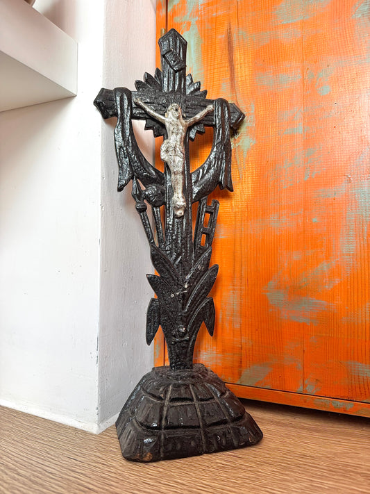 Religious Wooden Hand Carved Crucifix w/ Metal Jesus Inri  | Holy Catholic Home Decor | Antique Style |