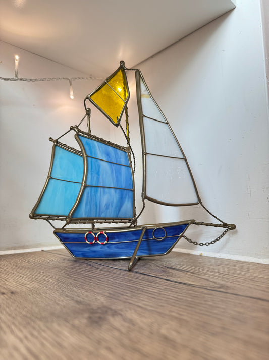 Brass and Stained Glass Sailing Ship Boat | Nautical Ornament | Vintage Quirky Home Decor |