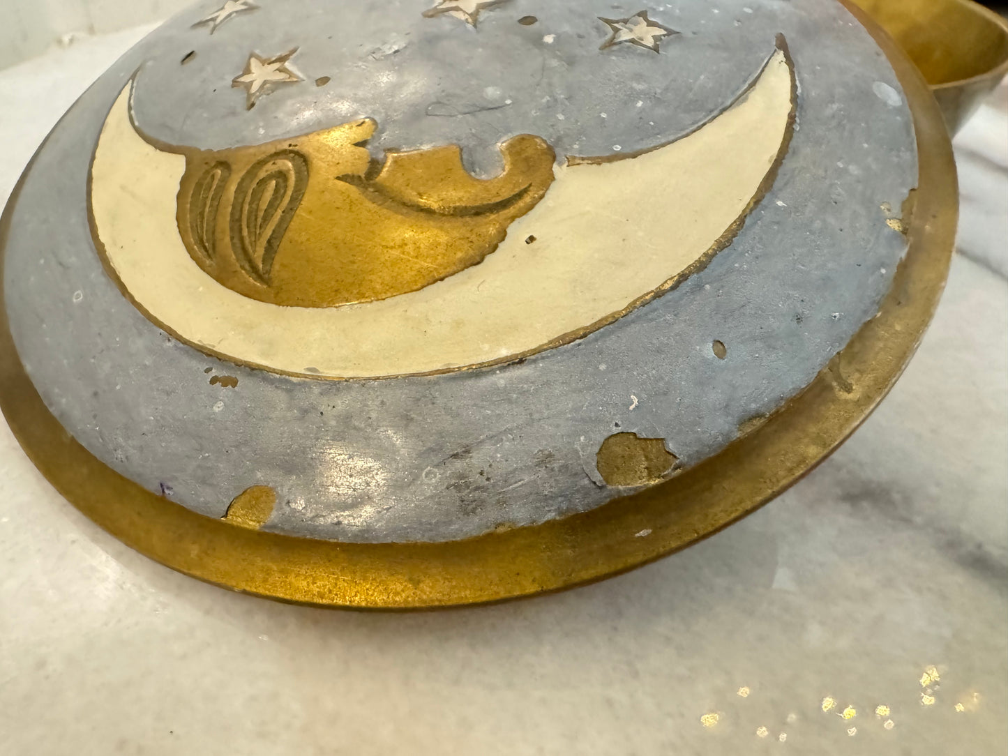 Brass and Enamel Moon and Stars Trinket Dish | Celestial Lidded Trinket Pot | Vintage |