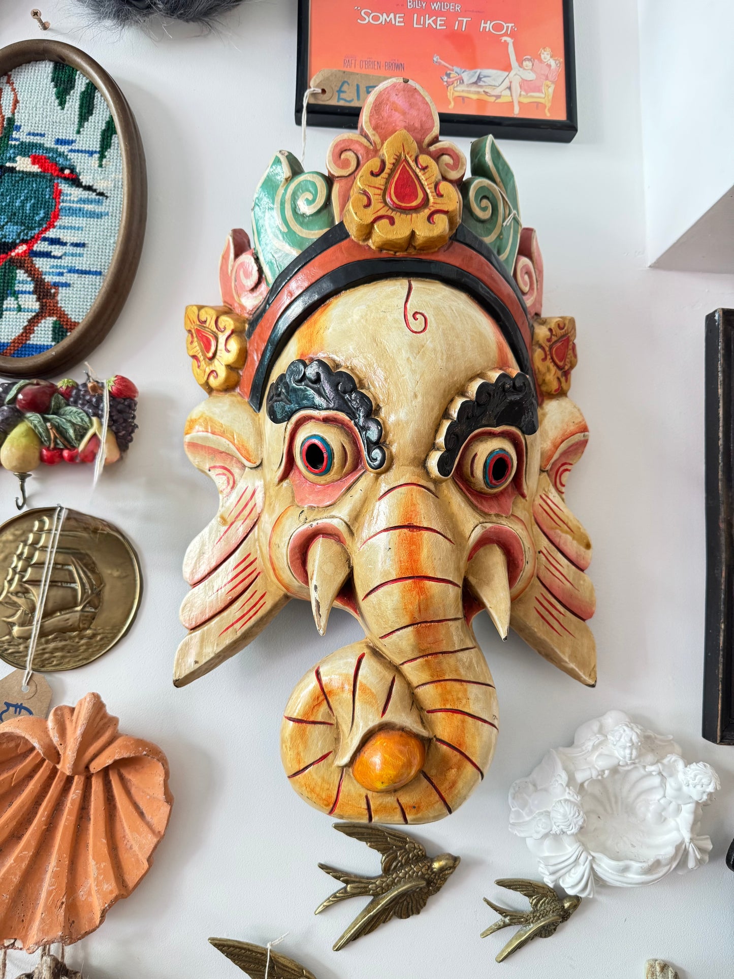 Ganesh Hand Carved Hand Painted Large Wood Wall Hanging | Vintage Quirky Unique | Spiritual Folk Art | Elephant