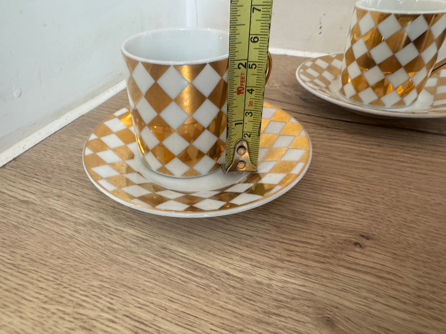 Pair of Gold and White Checkered Espresso Cups & Saucers | Coffee | Vintage Retro |