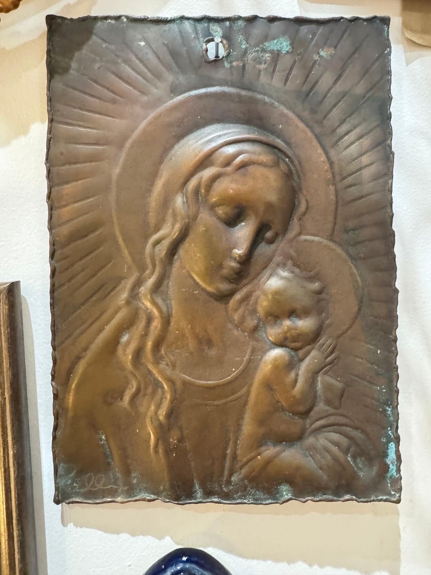 Copper Icon Wall Hanging of Virgin Mary and Baby Jesus | Madonna & Child Plaque | Studio Cellini Italy |