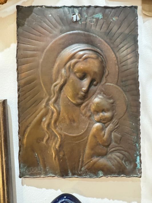 Copper Icon Wall Hanging of Virgin Mary and Baby Jesus | Madonna & Child Plaque | Studio Cellini Italy |