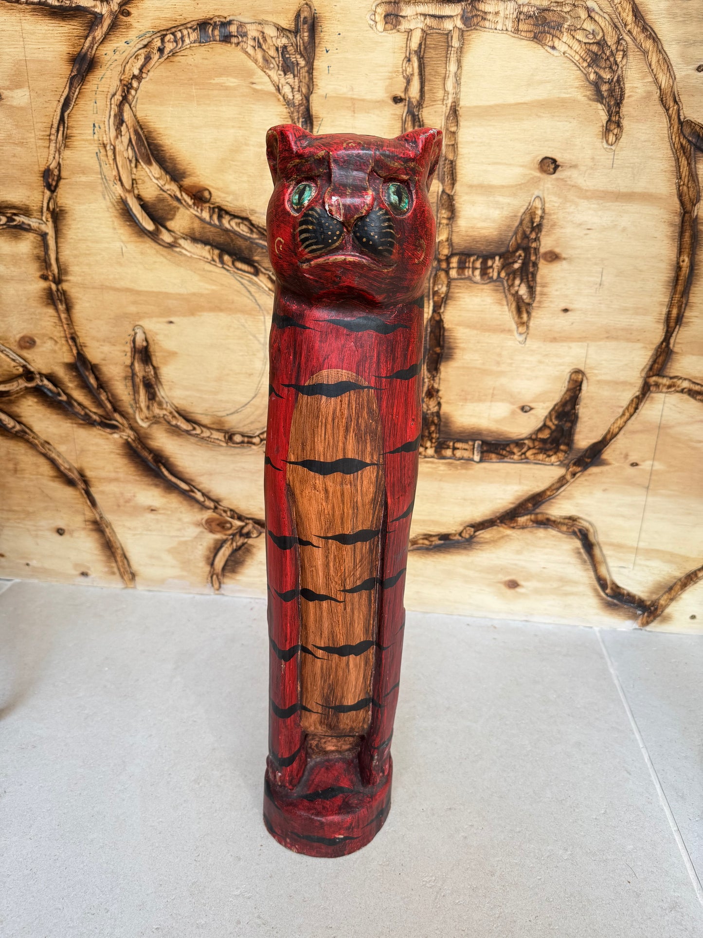 Large Wooden Hand Carved Cat | Folk Art |Vintage Retro | Decor | Quirky Unique |