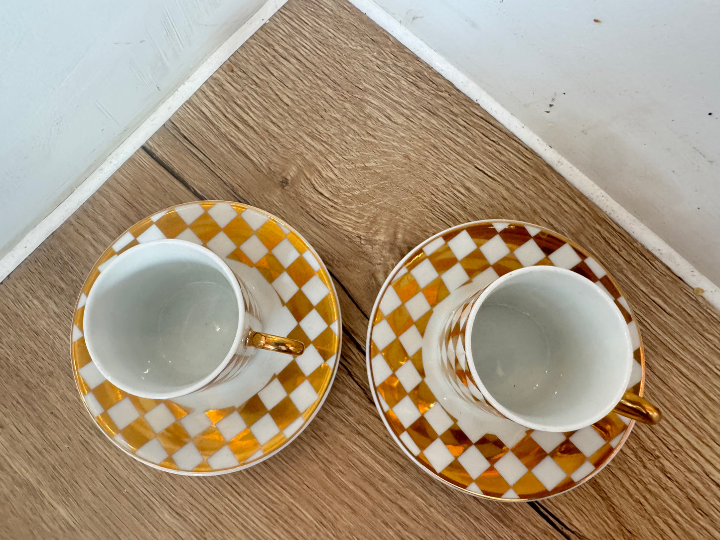 Pair of Gold and White Checkered Espresso Cups & Saucers | Coffee | Vintage Retro |