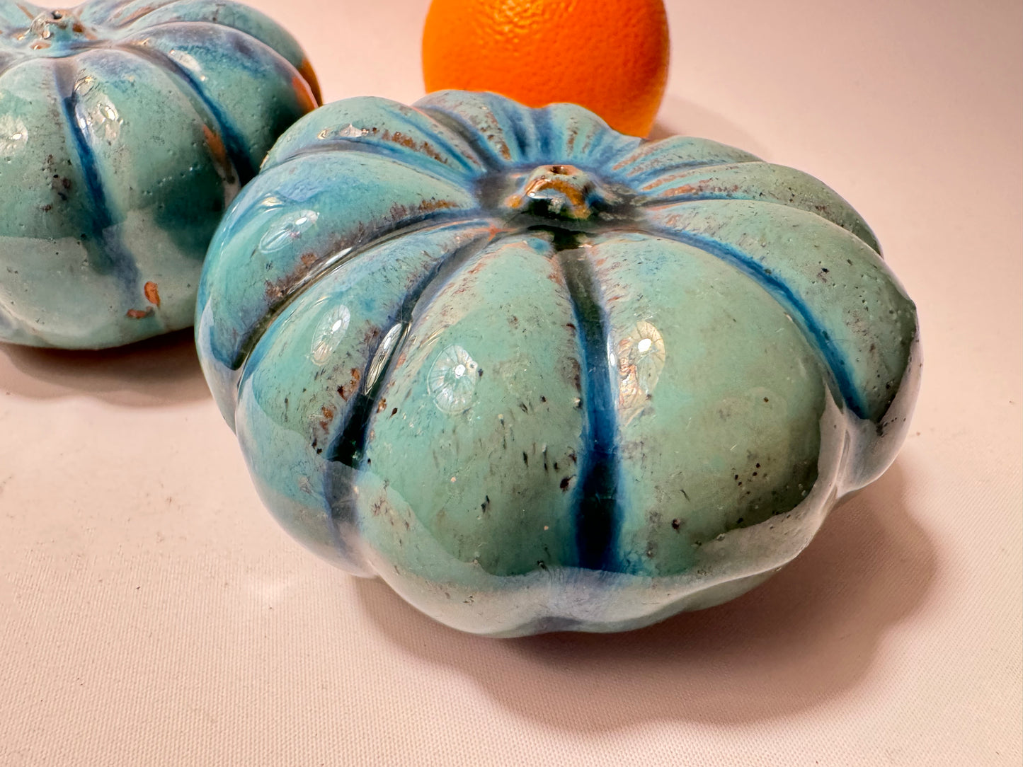 Stone Pumpkins with Blue & Turquoise Glaze | Handmade | Vintage Retro Quirky Decor | Halloween |