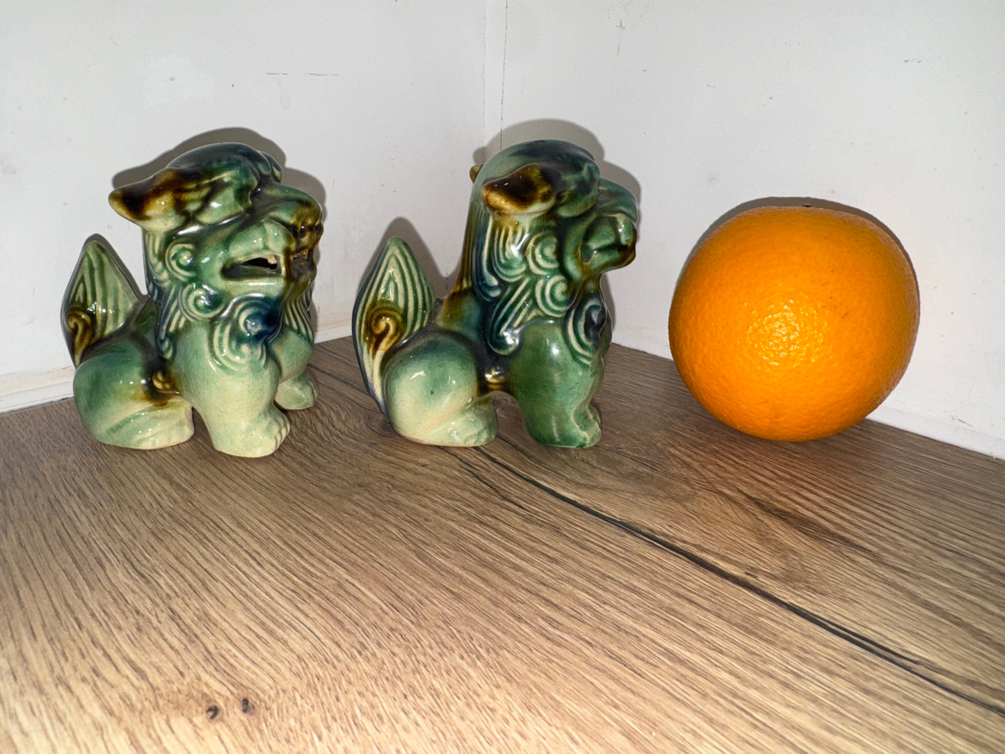 Pair of Small Foo Dogs | Green/Blue | Chinese Guardian Lions | Chinese Asian Decor | Vintage Antique |