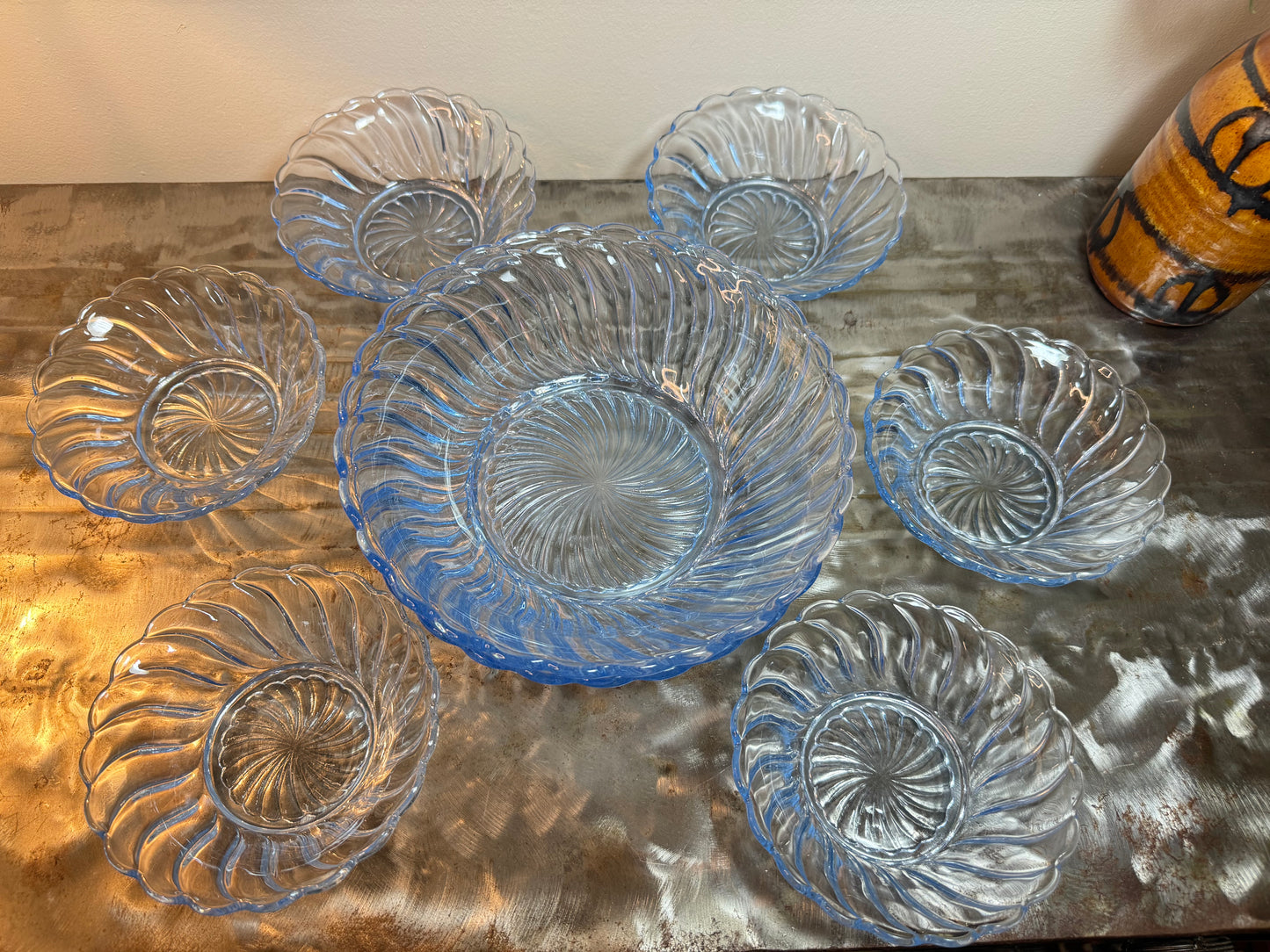 Glass Dessert Bowl Set. Bagley England. Vintage Depression Glass.