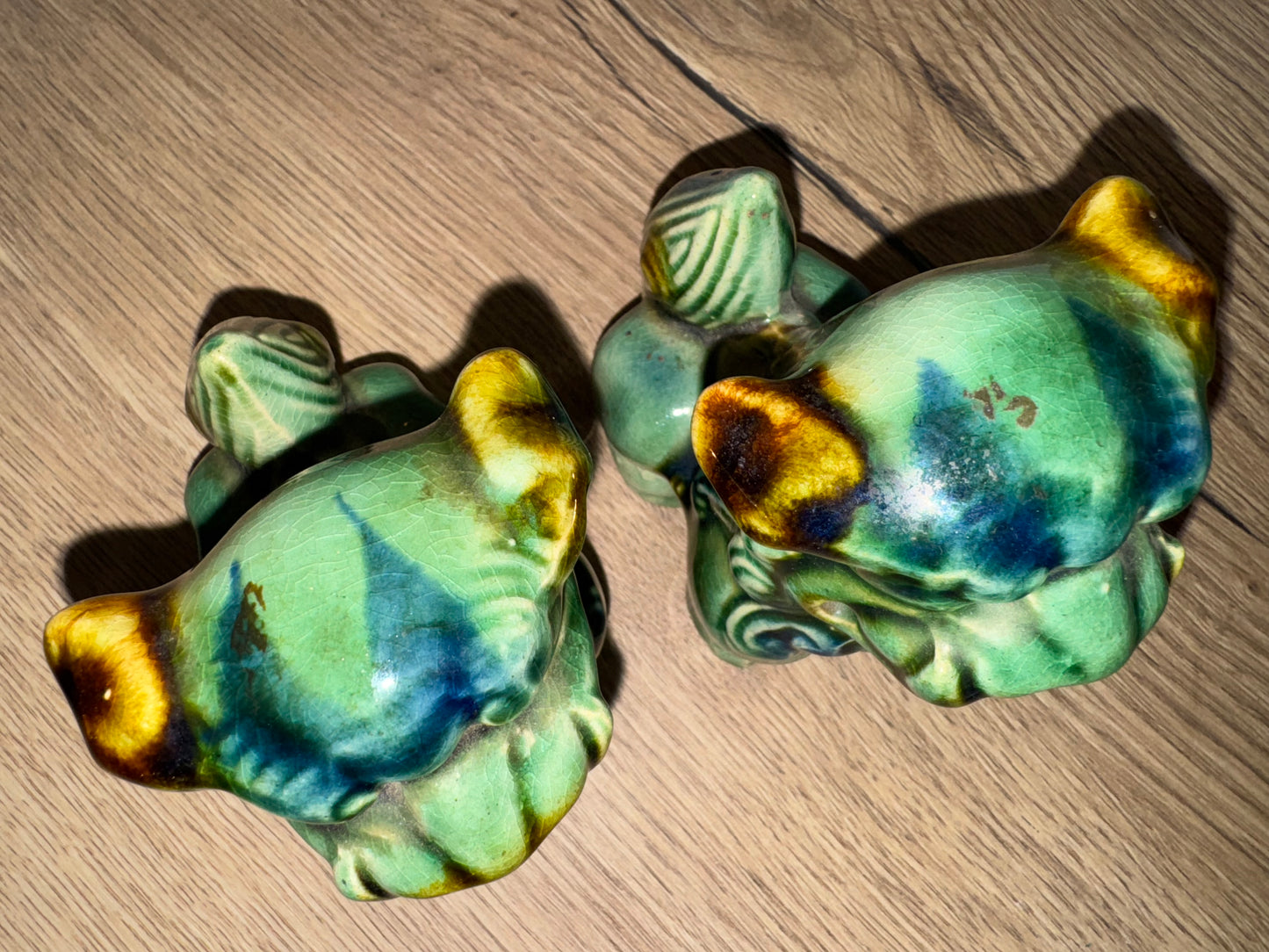 Pair of Small Foo Dogs | Green/Blue | Chinese Guardian Lions | Chinese Asian Decor | Vintage Antique |