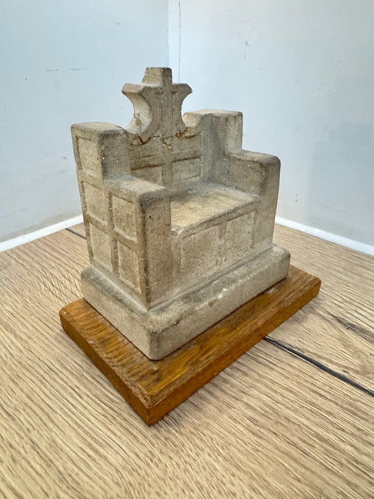 St Luke’s Deptford Stone Chair Ornament on Wooden Base | 1960 | Catholic Holy Decor | Gothic |