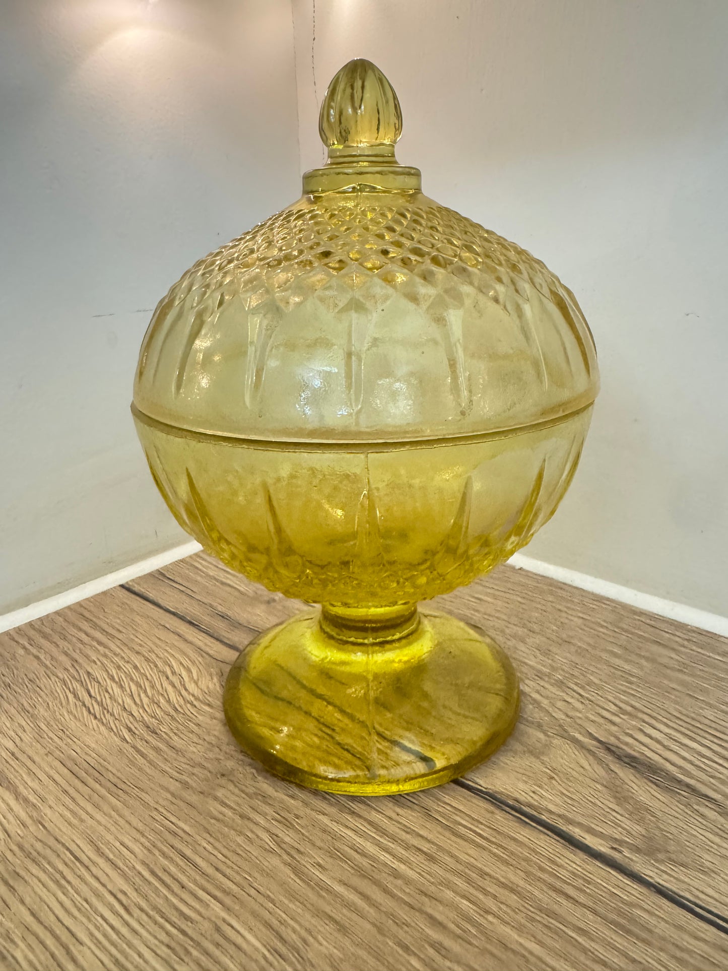 Yellow Glass Lidded Pedestal Bon Bon Dish | Vintage Retro Candy Dish