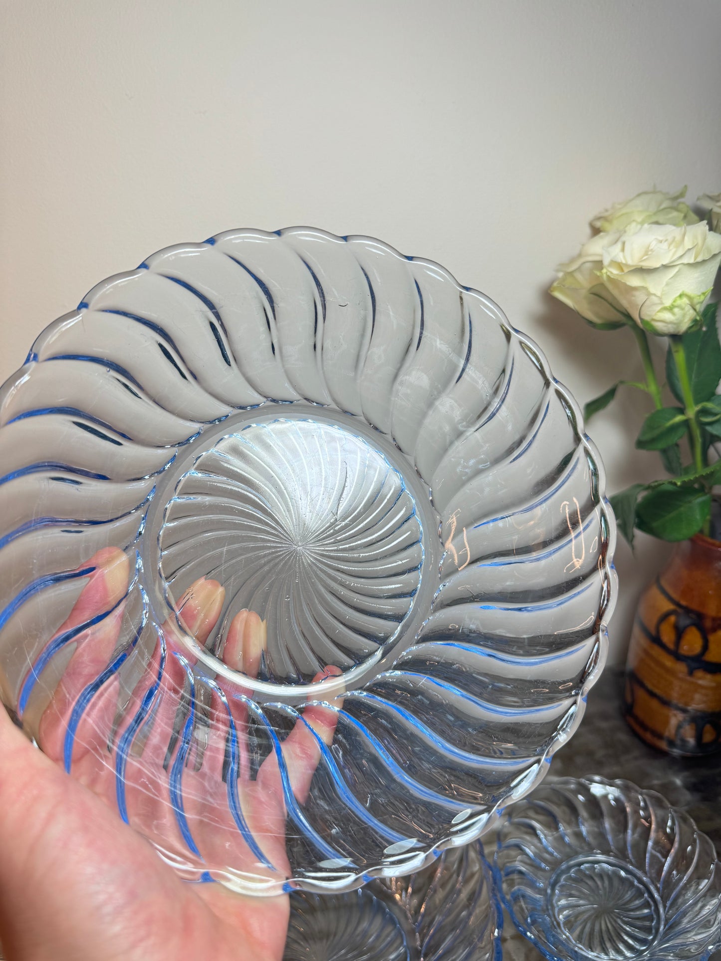 Glass Dessert Bowl Set. Bagley England. Vintage Depression Glass.