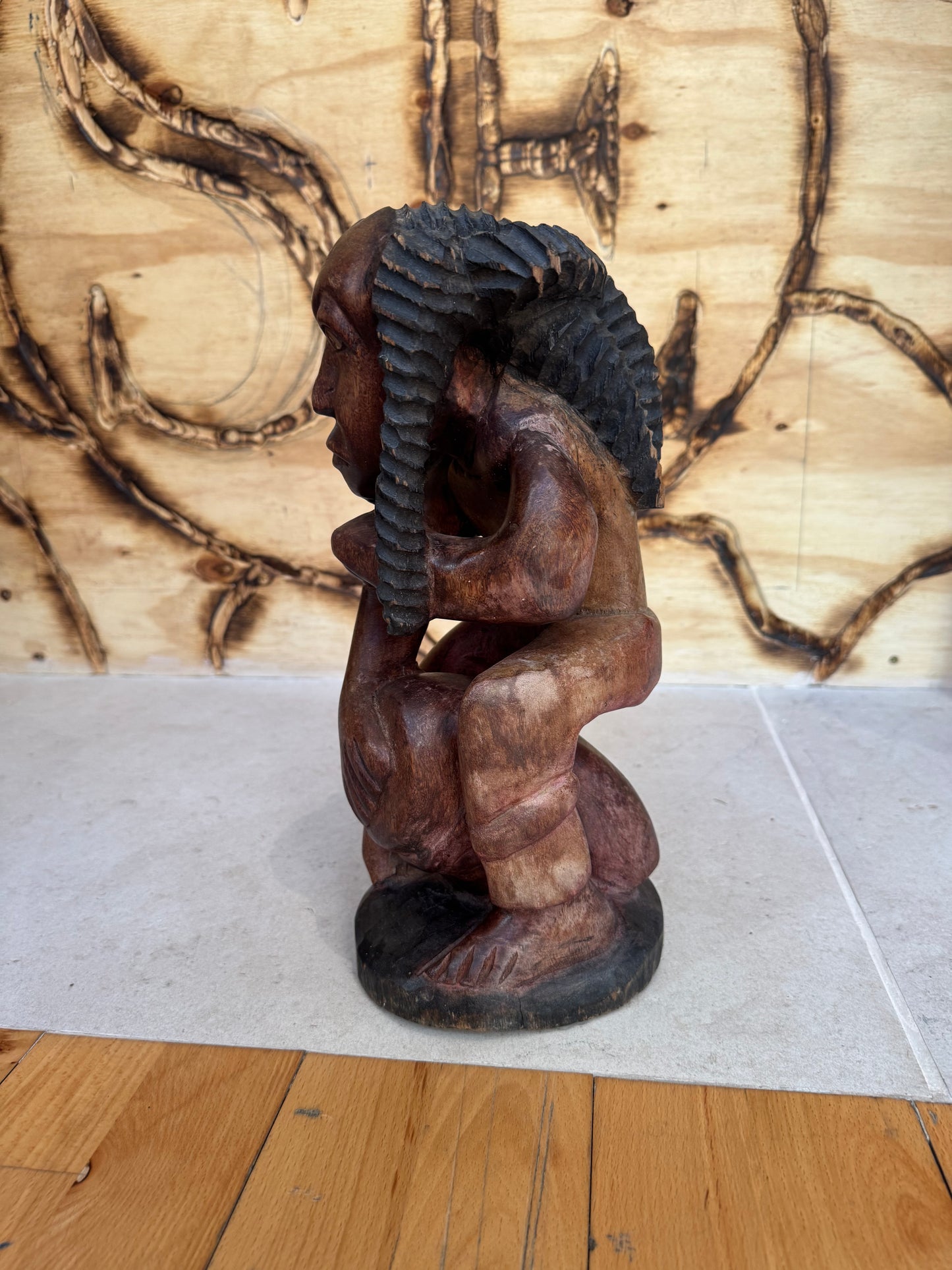 Hand Carved African Wooden Statue Sculpture of Sitting Man | Vintage Retro | Quirky Unique Decor |