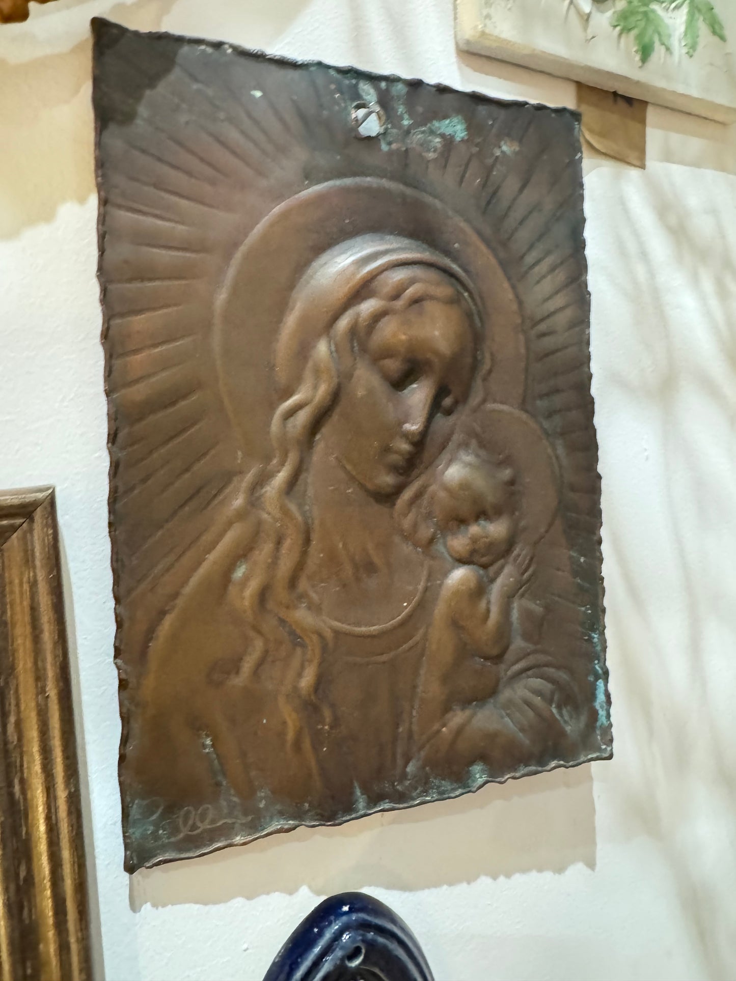 Copper Icon Wall Hanging of Virgin Mary and Baby Jesus | Madonna & Child Plaque | Studio Cellini Italy |