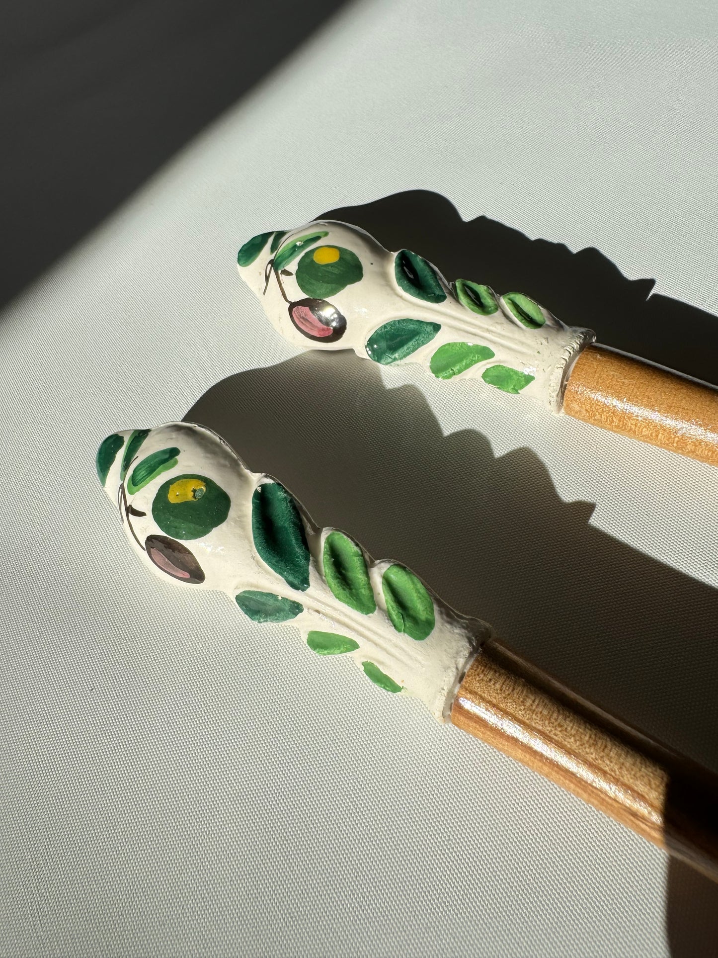 Wooden Salad Spoon & Fork with Ceramic Handles | Vintage Retro Kitchenalia | Serveware |