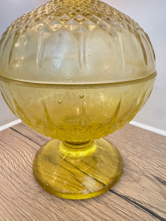 Yellow Glass Lidded Pedestal Bon Bon Dish | Vintage Retro Candy Dish