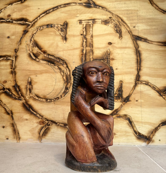 Hand Carved African Wooden Statue Sculpture of Sitting Man | Vintage Retro | Quirky Unique Decor |