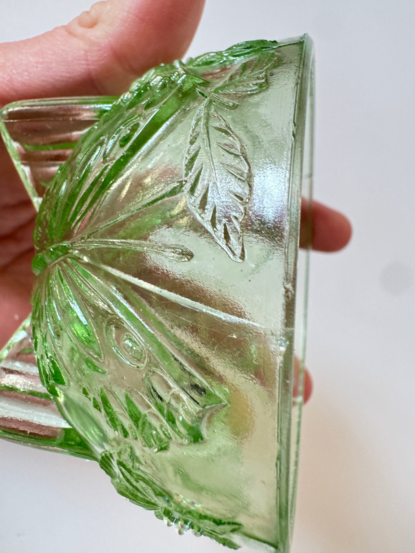 Sowerby 1930’s Green Pressed Glass Trinket Dish | Small Glass Bowl with Butterfly & Floral Design | Vintage Retro |