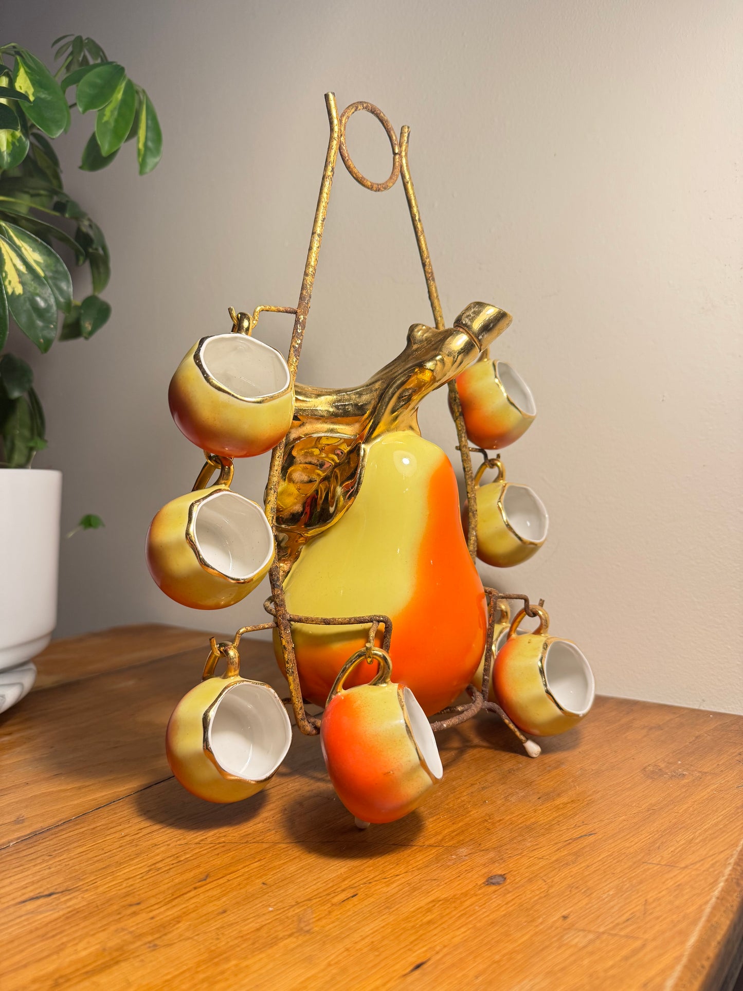 French Pear Liqueur Decanter Set with Stand & Cup Holder | Vintage Retro Quirky Barware |