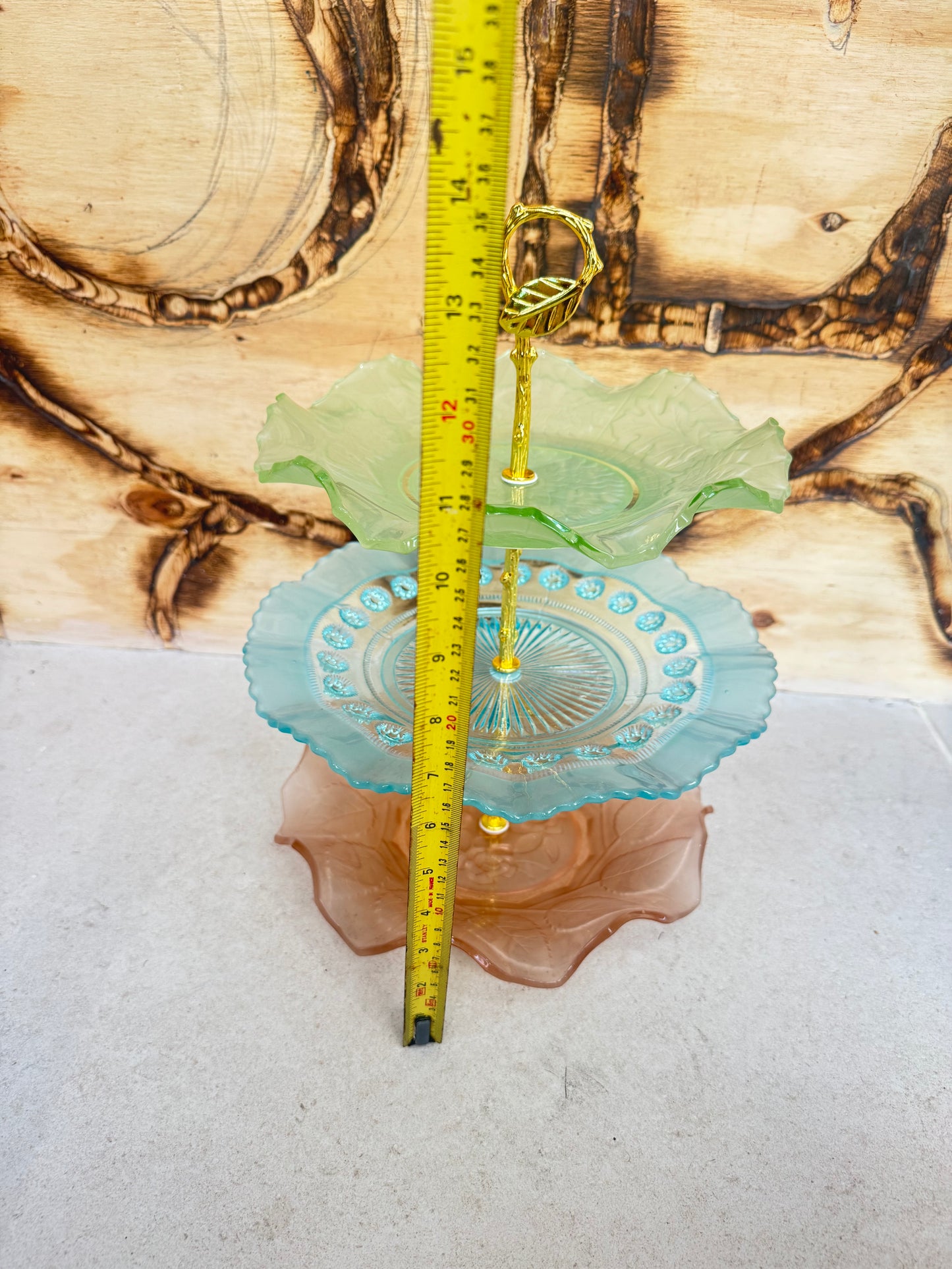 3-Tier Mismatched Coloured Glass Cake Stand with Gold Leaf Handle | Afternoon Tea Dinner Party | Kitsch Quirky | Vintage Retro |