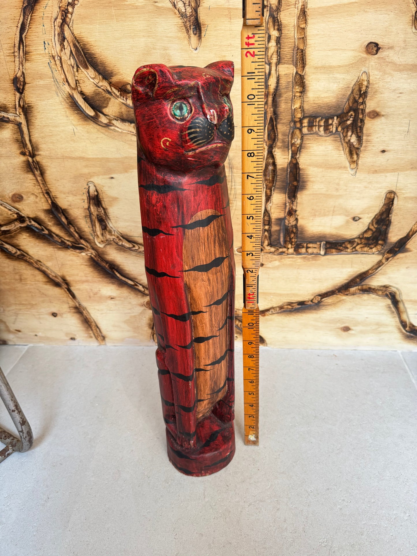 Large Wooden Hand Carved Cat | Folk Art |Vintage Retro | Decor | Quirky Unique |