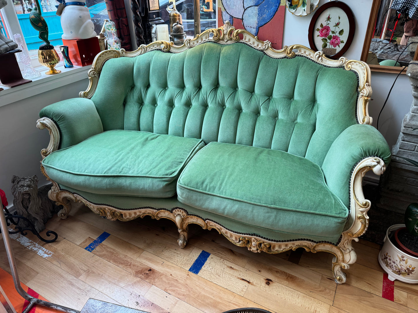 Stunning Louis Style Antique 3 Seater Sofa with Hand-carved Wooden Frame and Striking Green Button Back Upholstery (COLLECTION ONLY)