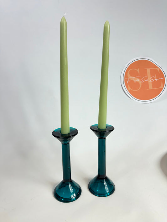 Turquoise Glass Candlestick Holders | Set of 2 | Vintage Retro