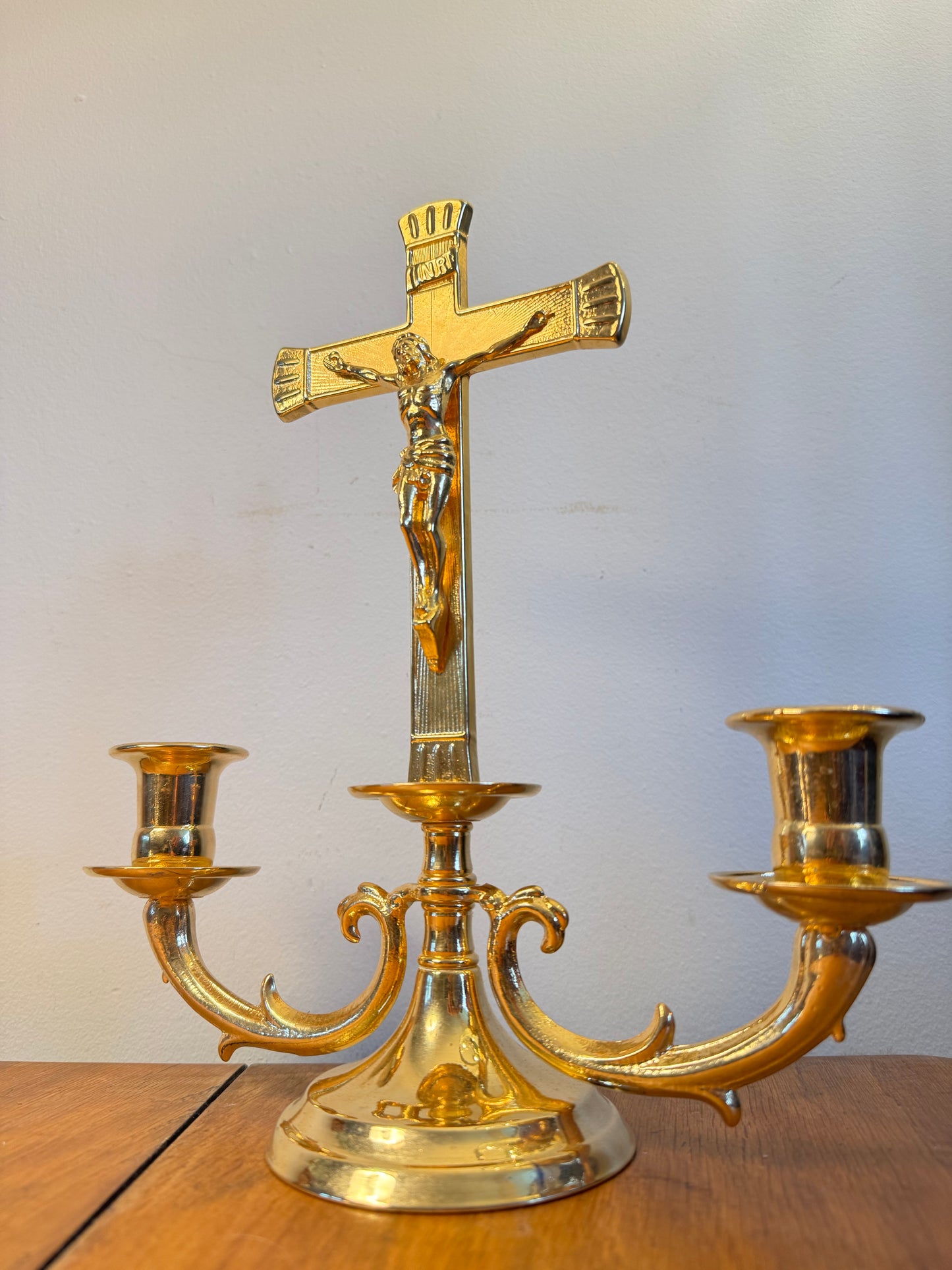 Gold Altar Candelabrum | Religious Crucifix Double Candelabra | Home Decor |