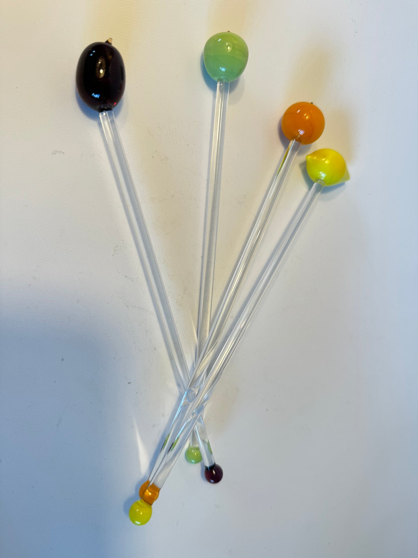 Glass Fruit Cocktail Stirrers | Grape Orange Apple Lemon | Vintage Retro Kitsch | Barware Glassware Dinner Party |