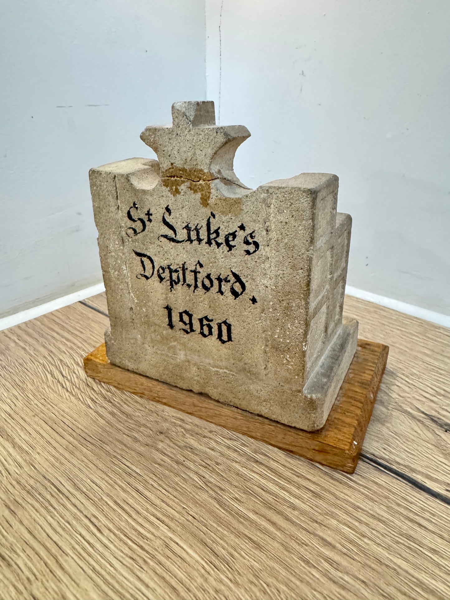 St Luke’s Deptford Stone Chair Ornament on Wooden Base | 1960 | Catholic Holy Decor | Gothic |