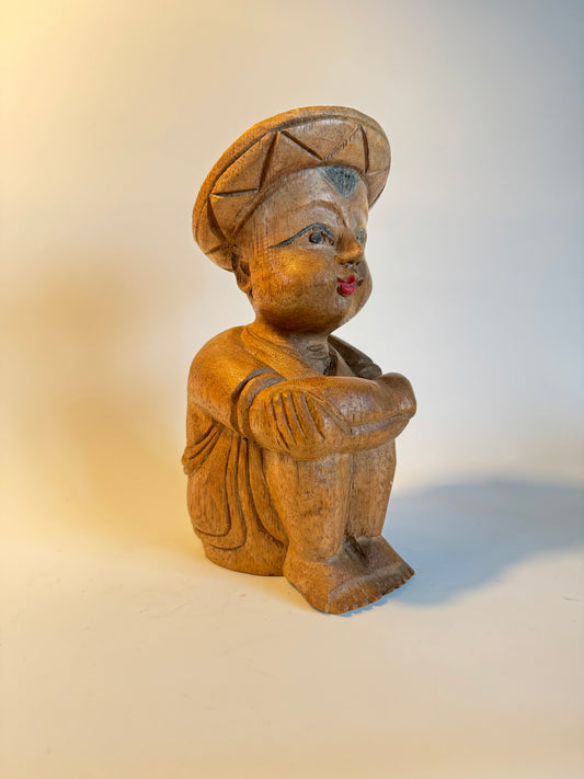 Hand Carved Wooden Statue Sculpture of Sitting Boy | Thai Asian | Vintage Antique Homeware & Decor