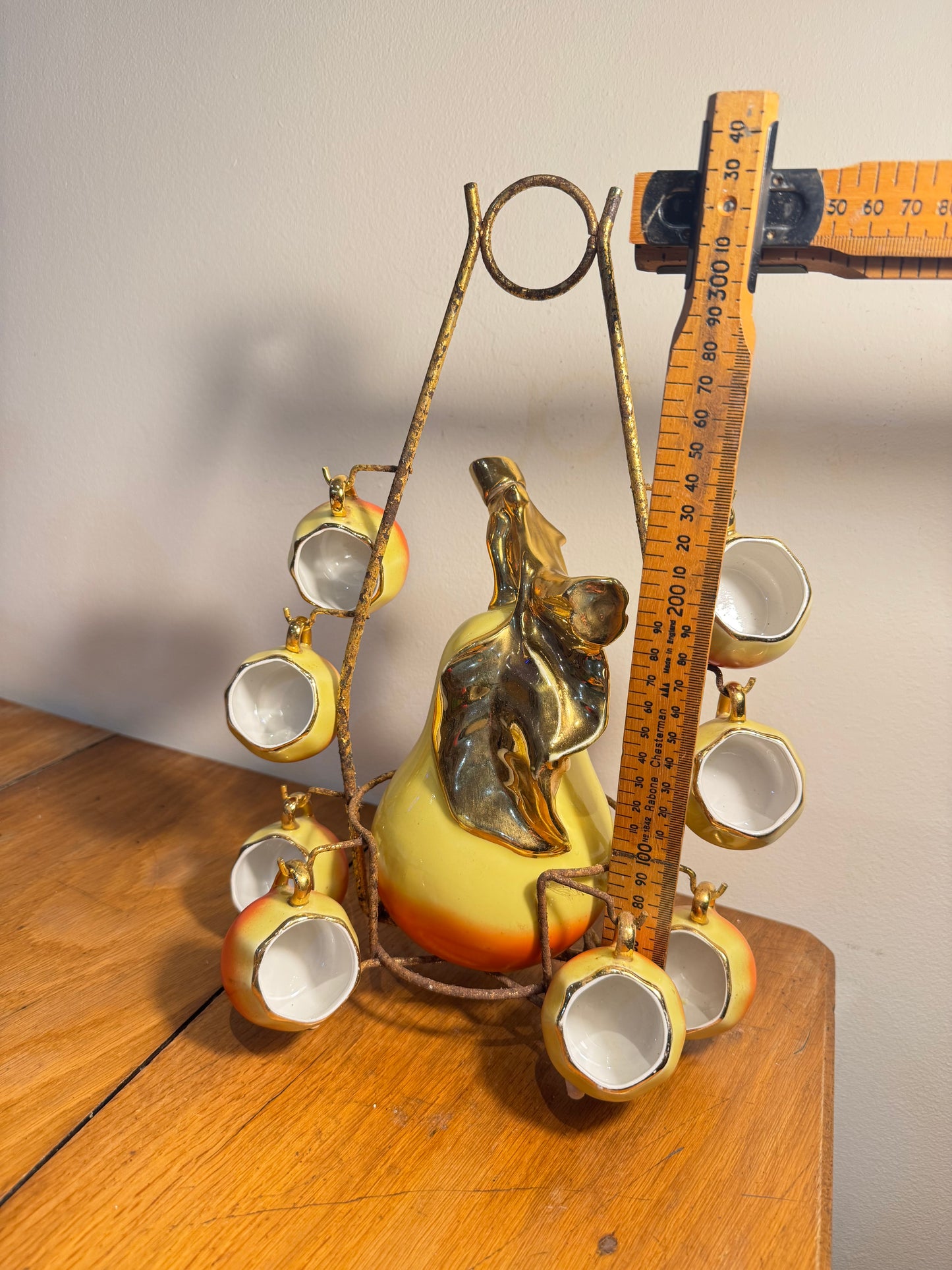 French Pear Liqueur Decanter Set with Stand & Cup Holder | Vintage Retro Quirky Barware |